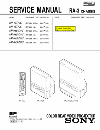 Sony KP-43T70C KP-43T70C KP-53SV70C KP-61SV70C
Chassis: RA-3
COLOR REAR VIDEO PROJECTOR